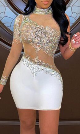 Fashion Sexy Patchwork Hot Drilling See-through Turtleneck Long Sleeve Dresses