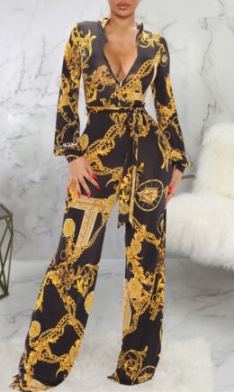 Fashion Casual Print Basic Zipper Collar Regular Jumpsuits