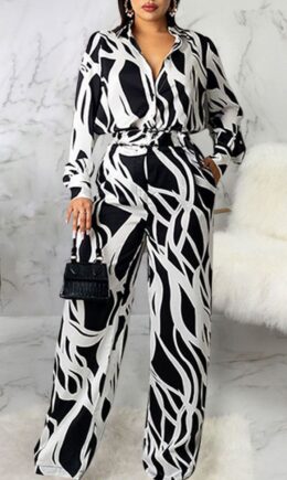 Casual Print Split Joint Buckle Turndown Collar Straight Jumpsuits