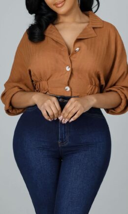 Casual Solid Split Joint Buckle Fold Turndown Collar Tops