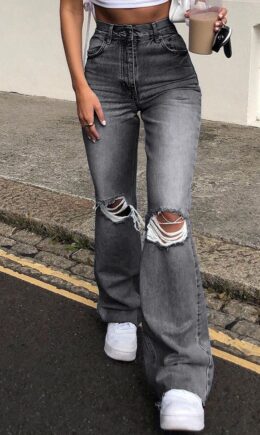 Fashion Casual Solid Ripped High Waist Straight Jeans