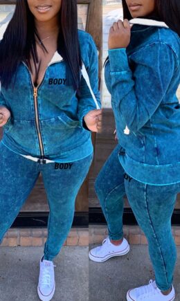 Casual Print Split Joint Zipper Hooded Collar Long Sleeve Two Pieces