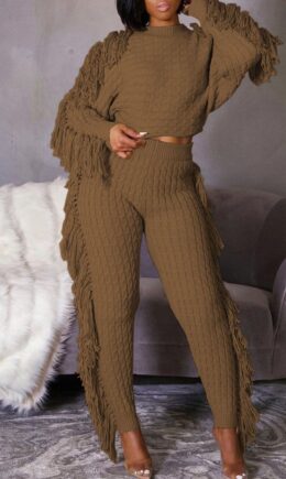 Casual Street Solid Tassel Split Joint O Neck Long Sleeve Two Pieces